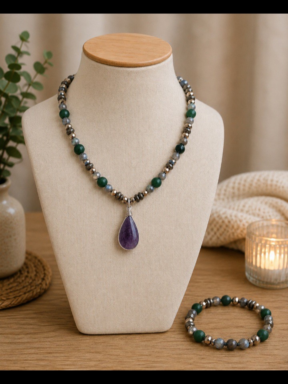 Handmade Green & Gray Beaded Necklace with Amethyst Pendant + Matching Bracelet